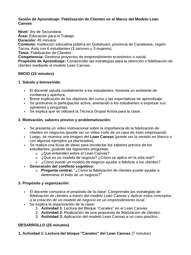 Fidelización de Clientes con Lean Canvas | PDF | Evaluación | Maestros