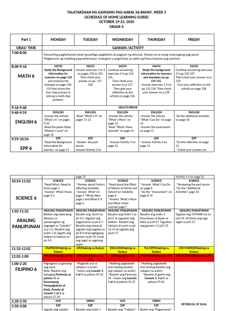 Schedule of Home Learning Guide Grade 6 Q1week 6 | PDF | Physical ...
