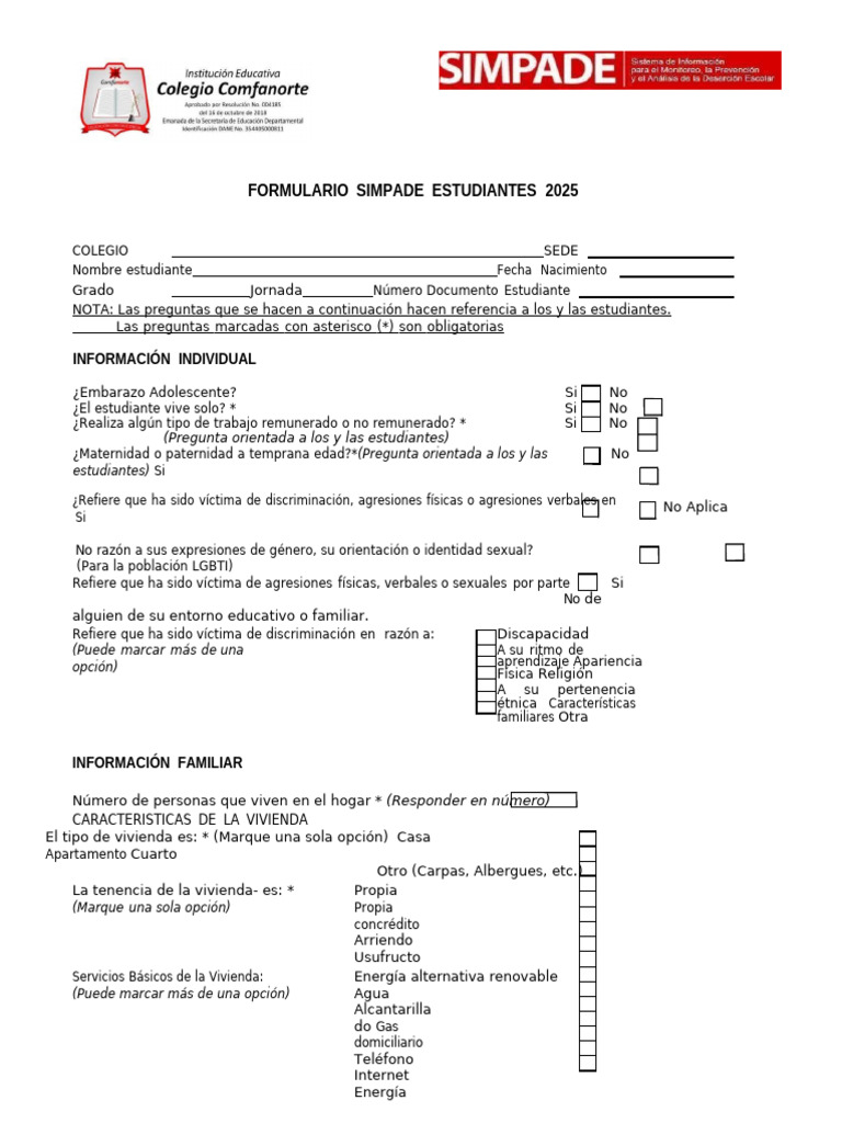 Formulario SIMPADE 2025 Estudiantes | PDF | Educación de la primera ...