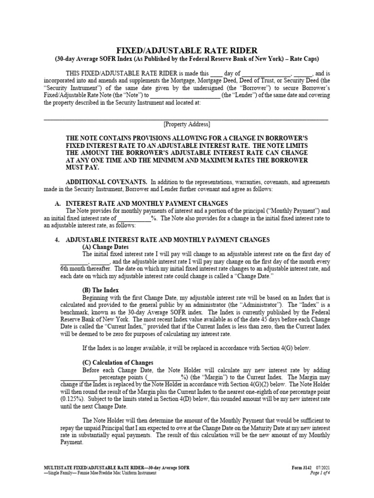 Form 3142 multistate fixed adjustable rate rider 30 day average