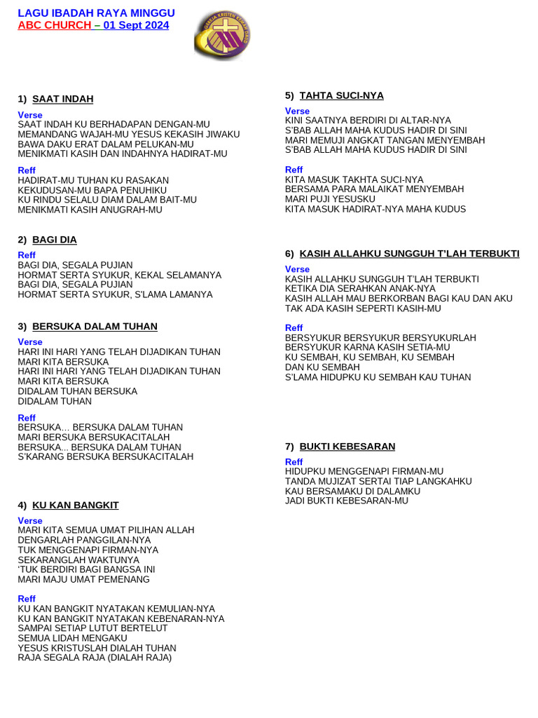 Lagu Ibadah Raya Minggu ABC Church | PDF