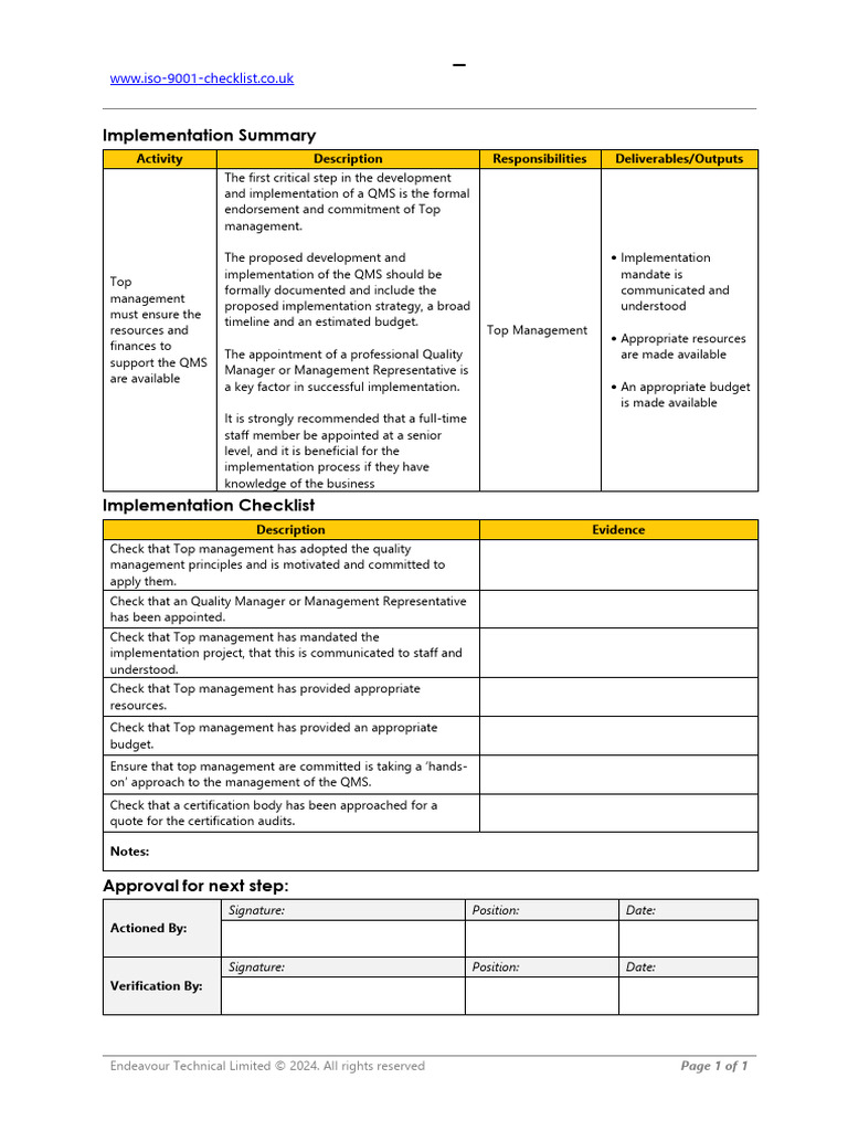 ISO 9001 Implementation Checklist Sample | PDF | Quality Management ...