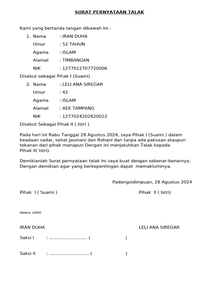 Surat Pernyataan Talak | PDF