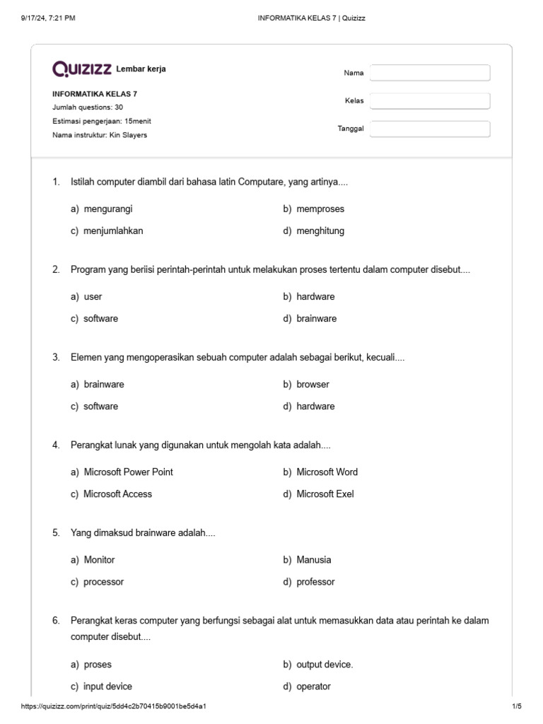INFORMATIKA KELAS 7 - Quizizz | PDF | Game & Aktivitas | Komputer