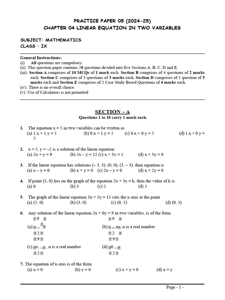 Maths Class Ix Chapter 04 Linear Equation in Two Variables Practice ...