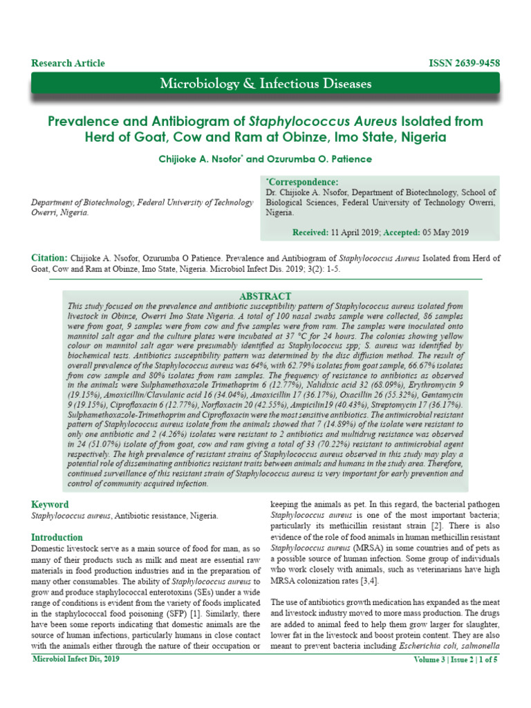 Prevalence and Antibiogram of Staphylococcus Aureus Isolated From Herd ...