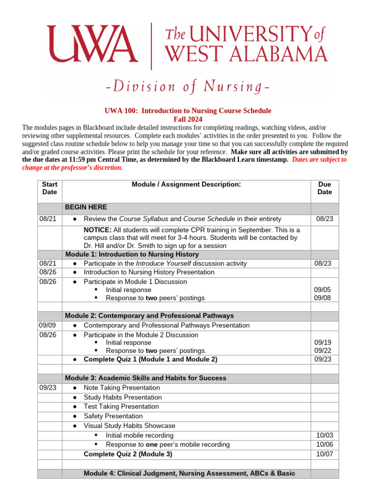 NS 100 Course Schedule - 2024 7 | PDF | Nursing