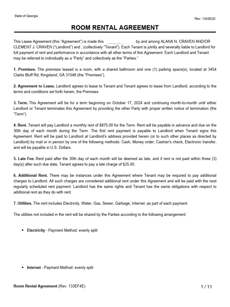 Georgia Room Rental Agreement Template | PDF | Leasehold Estate | Lease
