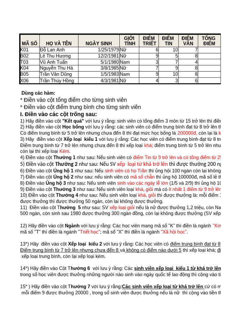 Bài tập Excel 3 ,4, 5 (buổi 7) | PDF