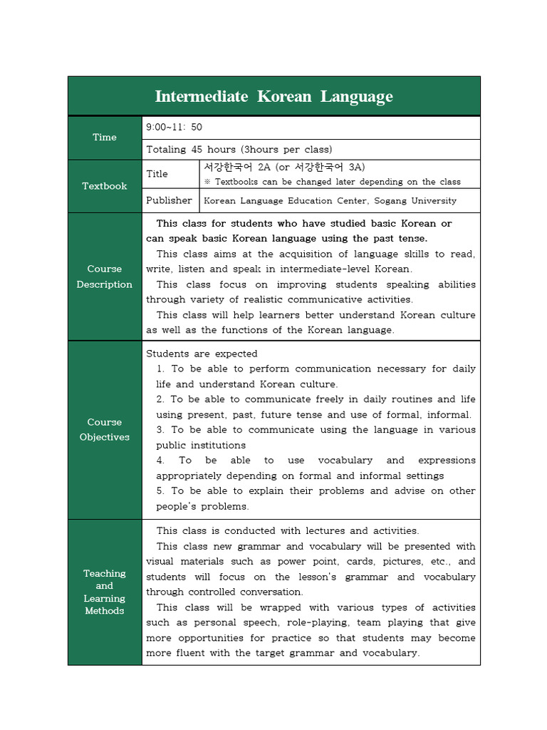 Intermediate Korean Language Course | PDF | Vocabulary | Cognition