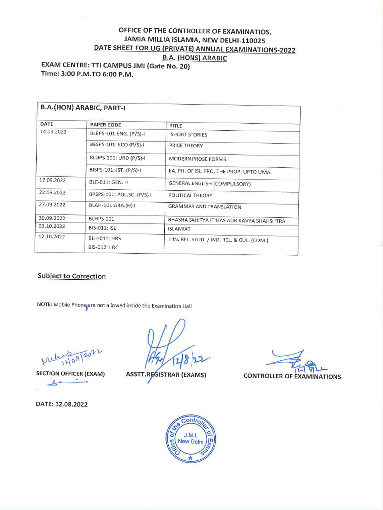 Date Sheet of Ug Private | PDF