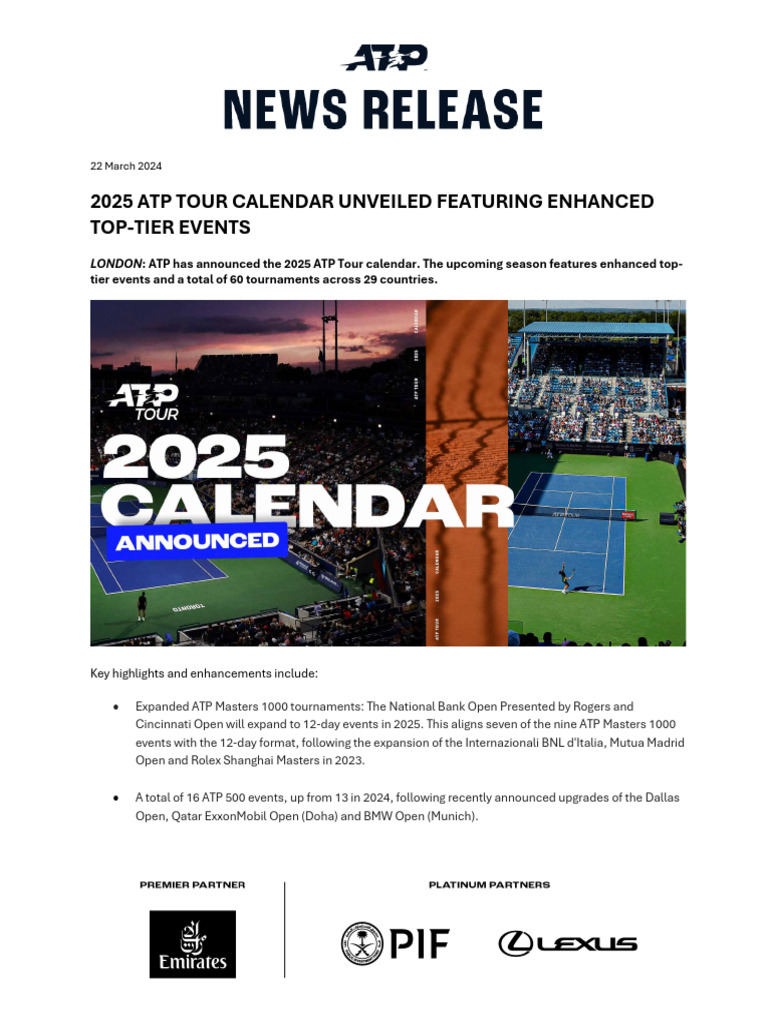 2025 Atp Tour Calendar Announcement PDF Tennis Tournaments Sports