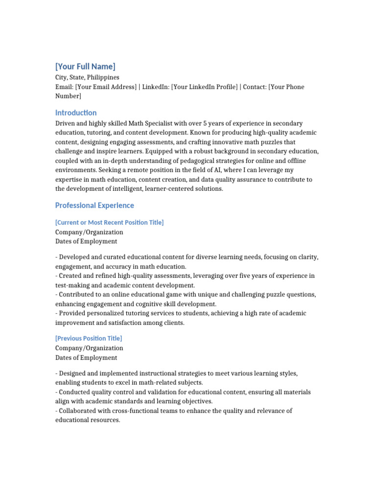 Mathematics Teacher Resume Sample | PDF | Mathematics | Educational ...
