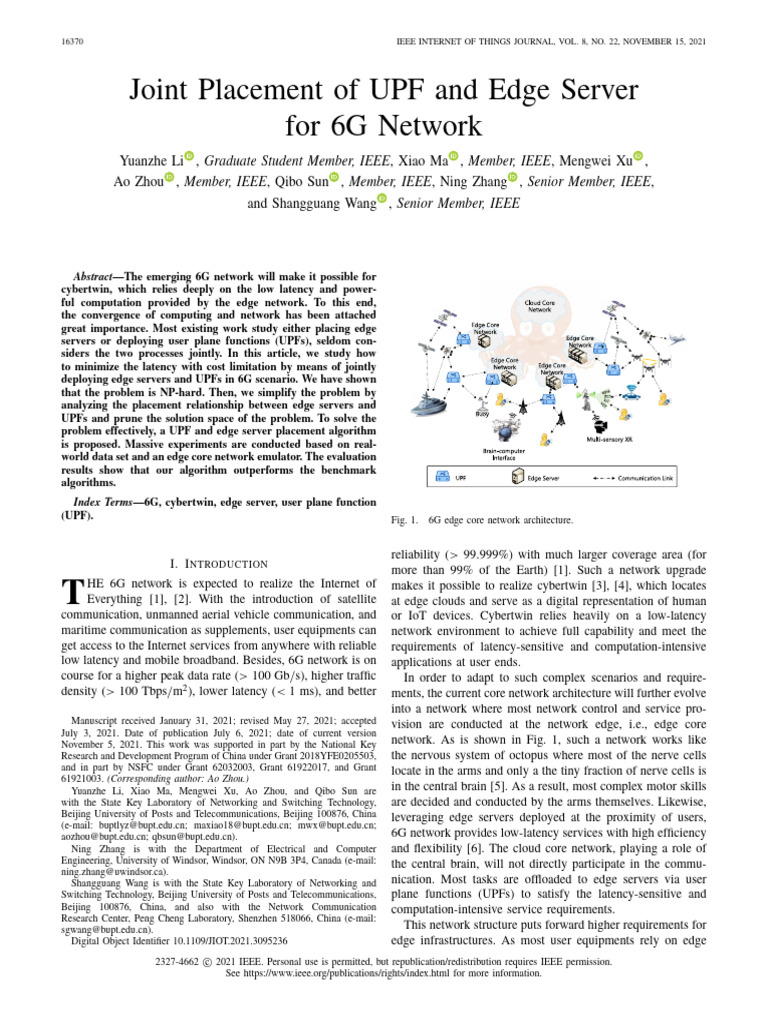6G Network: Joint UPF and Edge Server Placement | PDF | Computer ...