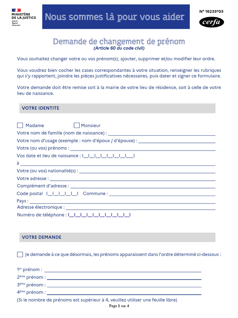 Demande de changement de prénom CERFA | PDF | Passeport | Certificat de ...