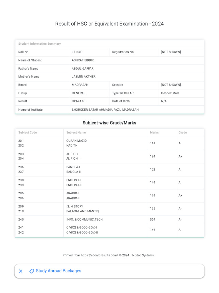 HSC 2024 Result for Ashraf Siddik | PDF