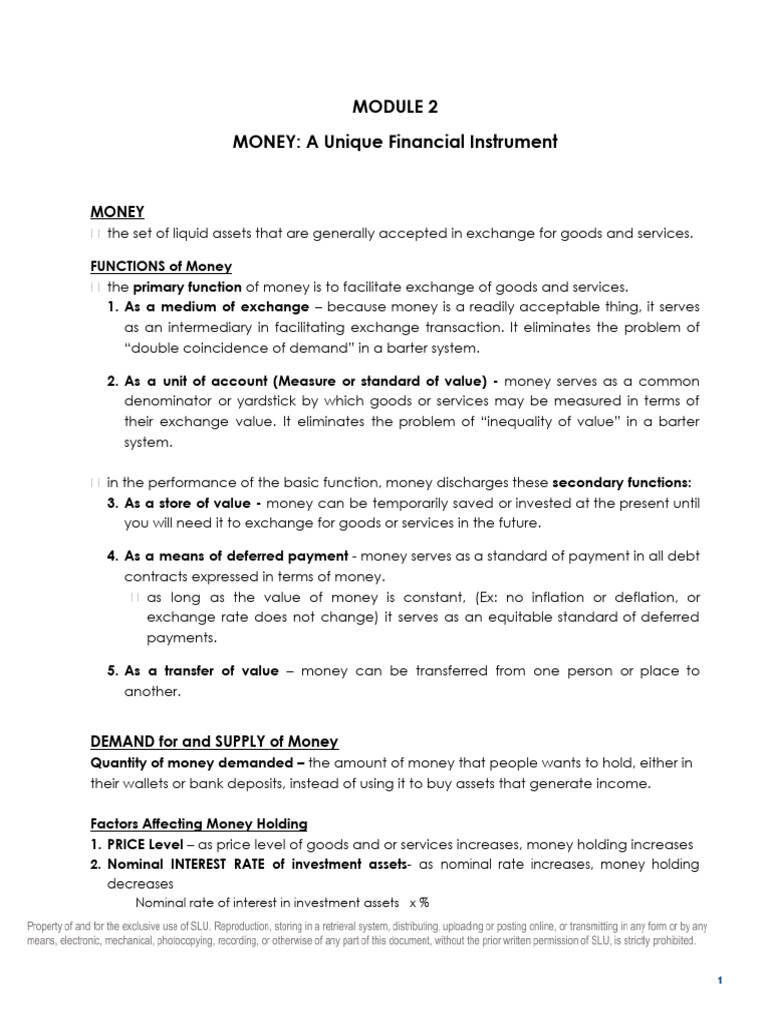 Module 2 MONEY A Unique Financial Instrument | PDF | Money | Money Supply