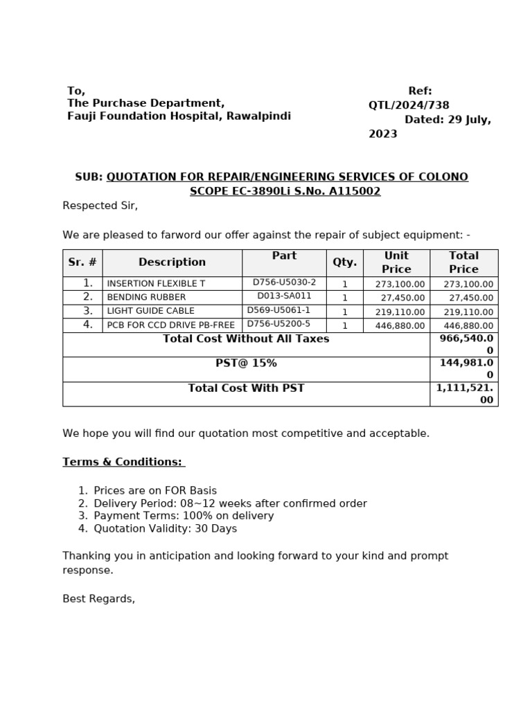 Quotation for Colonoscope Repair Services | PDF