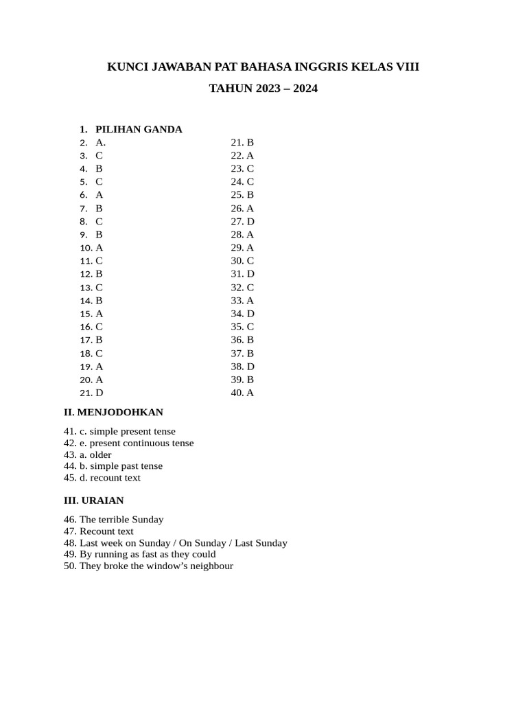 Kunci Jawaban Pat Bahasa Inggris Kelas 8 Th 2023 2024 Pdf