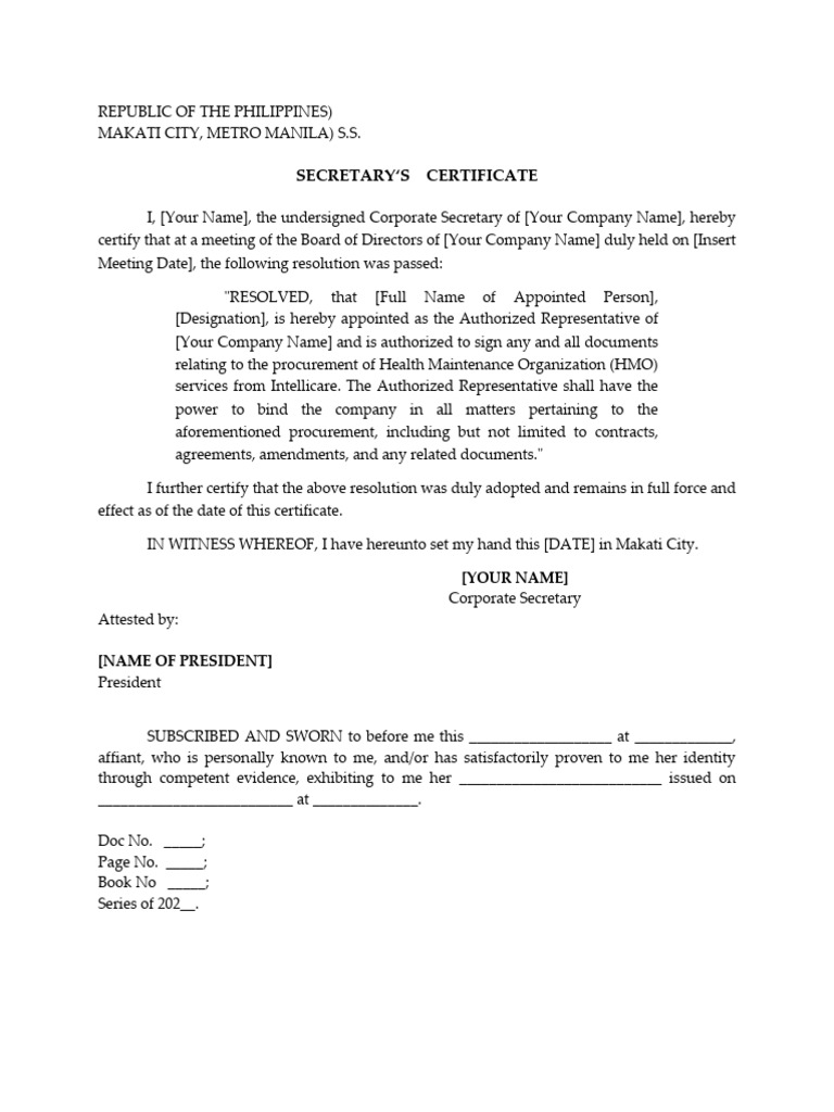 Secretary's Certificate for HMO Procurement | PDF | Finance & Money ...