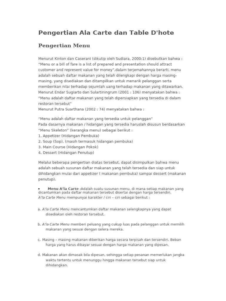 Menu Ala Carte Dan Table D'hote | PDF
