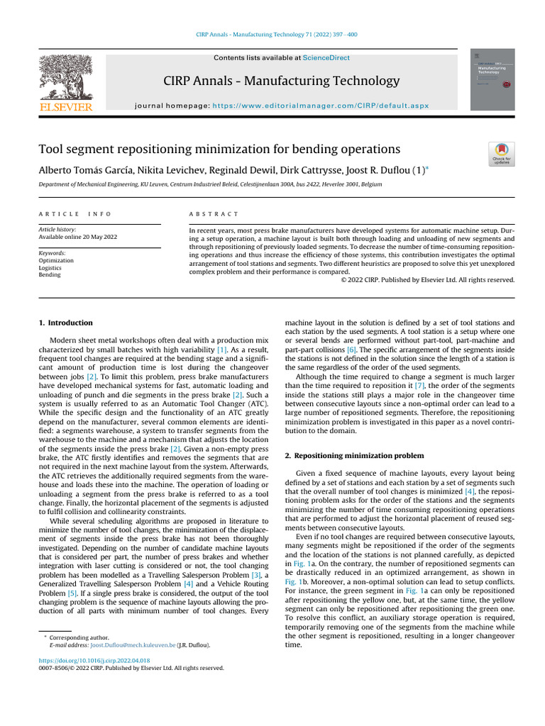Tool segment repositioning minimization for bending operations pdf