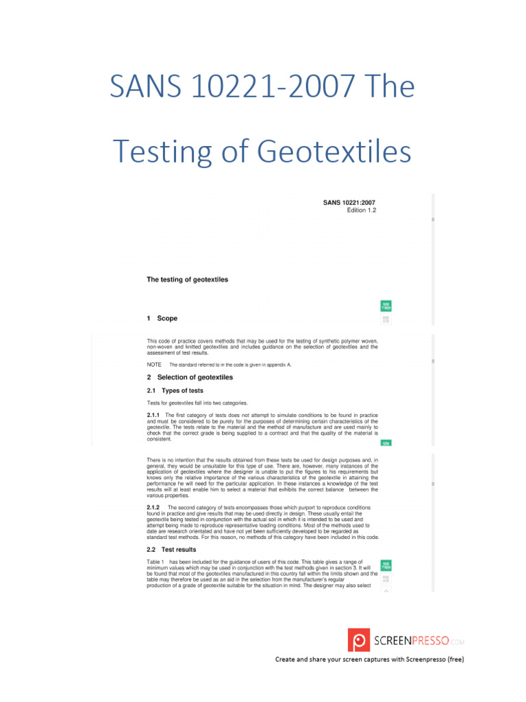 SANS 10221-2007 The Testing of Geotextiles | PDF