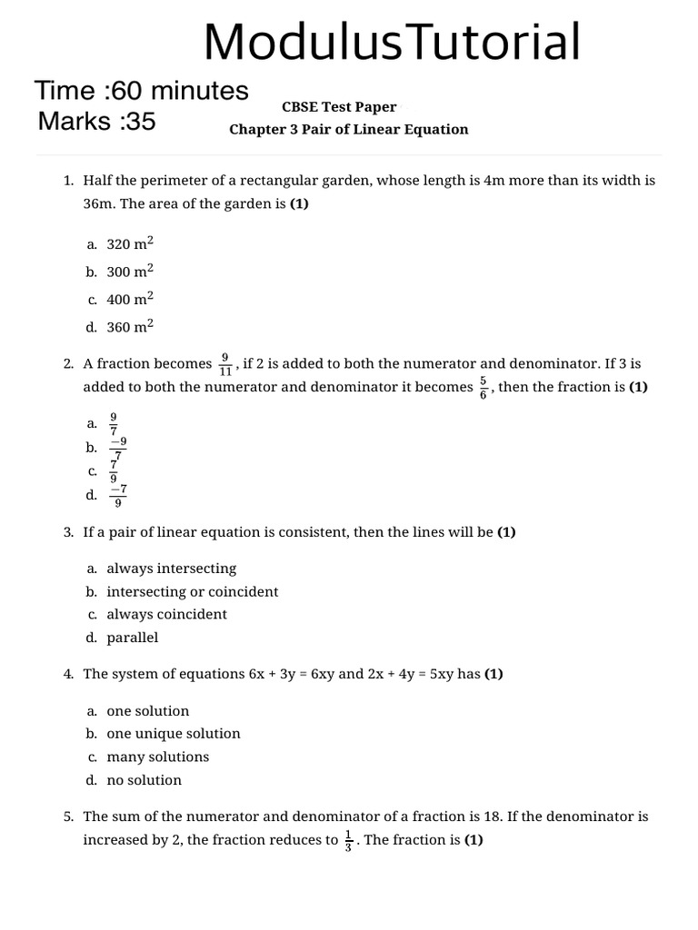 Linear Equations Cbse 10 Pdf Equations System Of Linear Equations