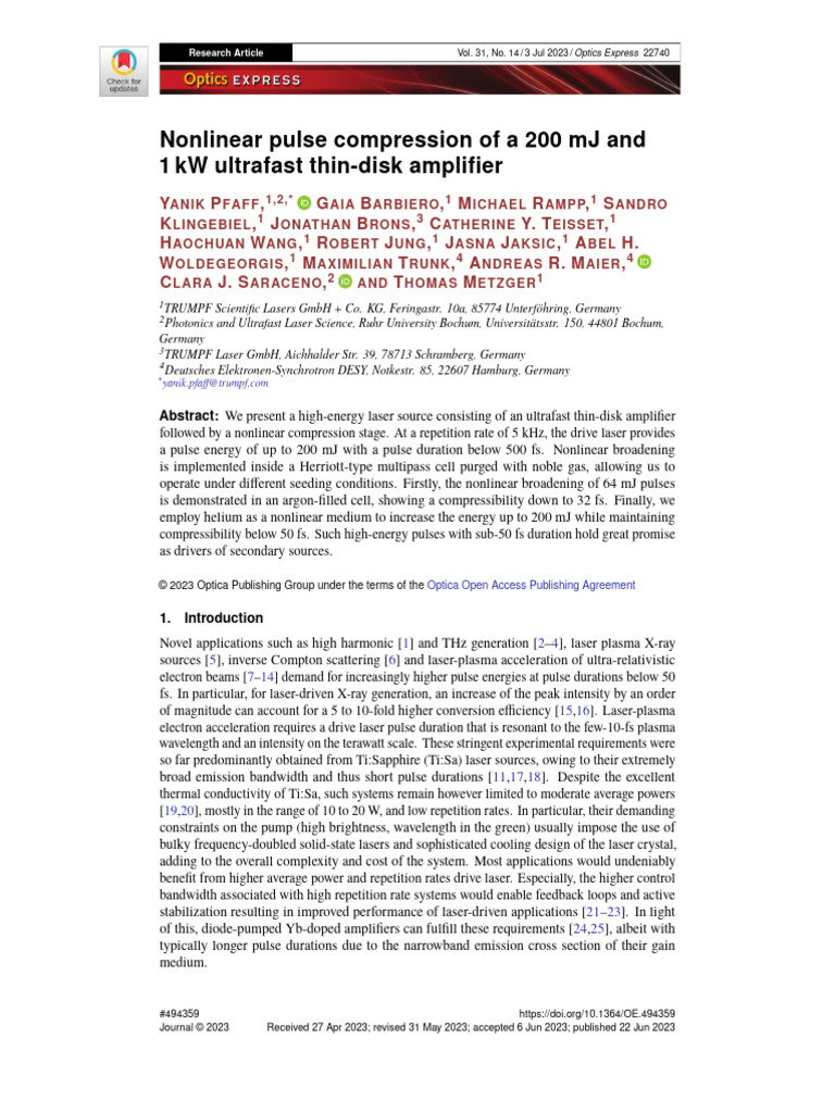 Nonlinear Pulse Compression of A 200 MJ and 1 KW Ultrafast Thin-Disk ...