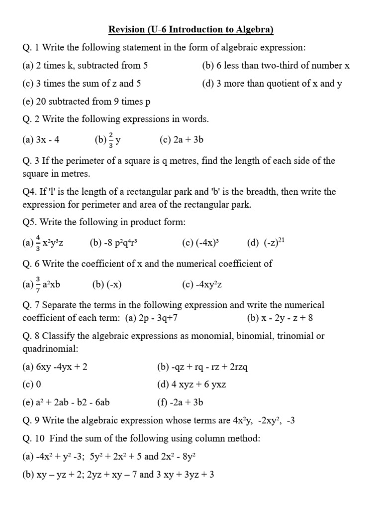 Algebraic Expressions Revision for Class 6 | PDF | Numerical Analysis ...