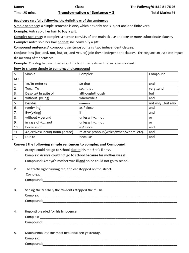 Transformation of Sentence-3 Only Worksheet | PDF | Sentence ...