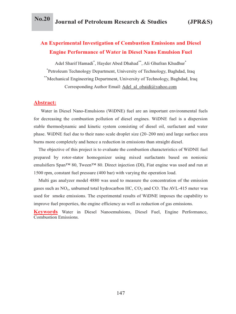 An Experimental Investigation of Combustion Emissions and Diesel | PDF ...