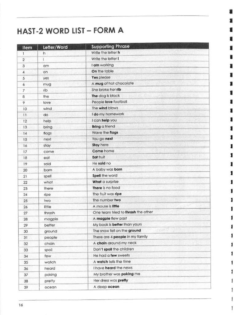 HAST-2 Test Word List Form A | PDF