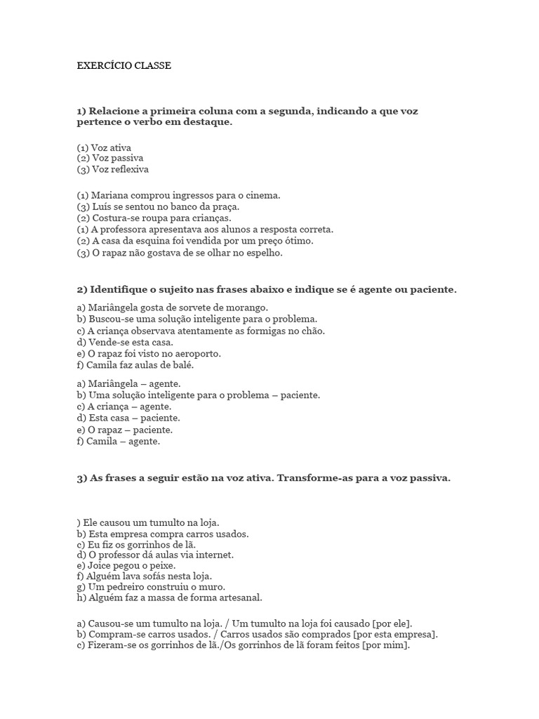 Exercícios de Vozes Verbais 7º Ano | PDF