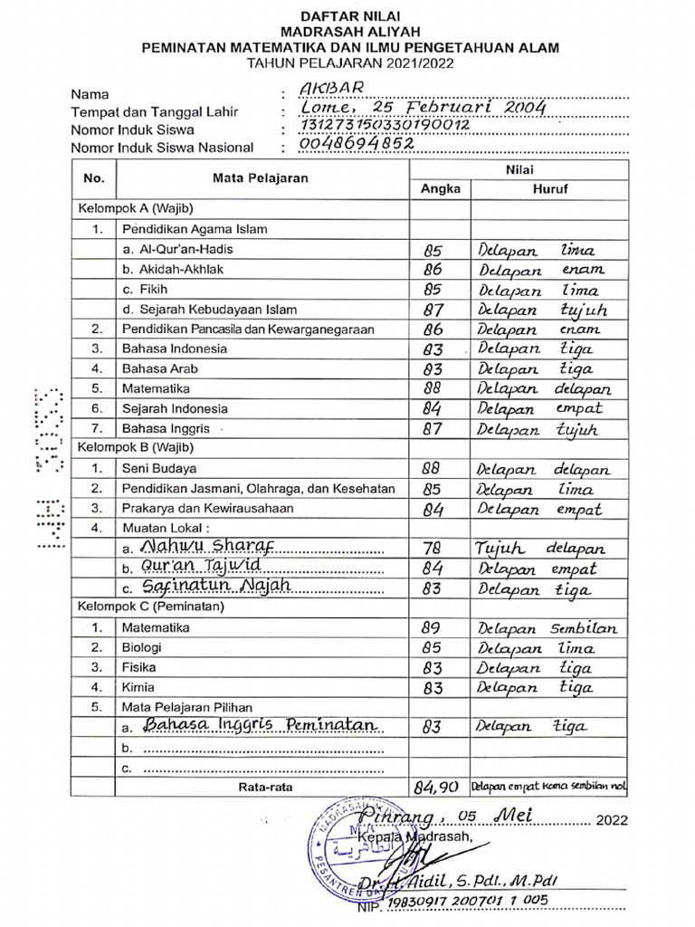 Dokumen-Transkrip Nilai Akbar | PDF