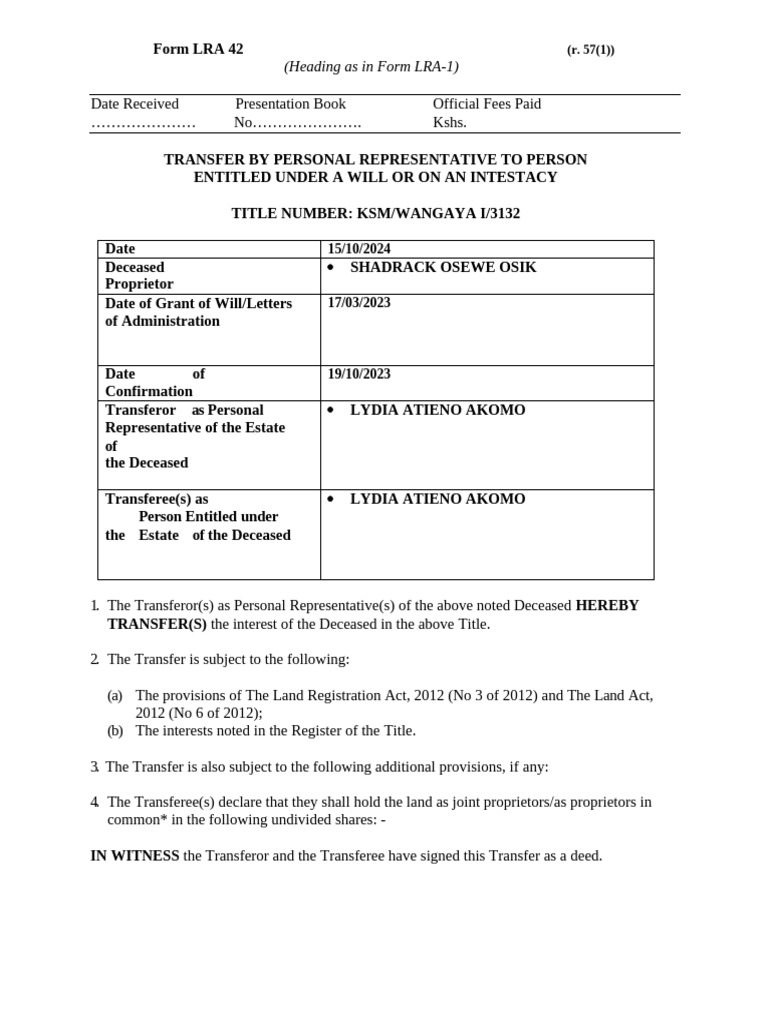 LRA 42 Transfer Form for Estates | PDF