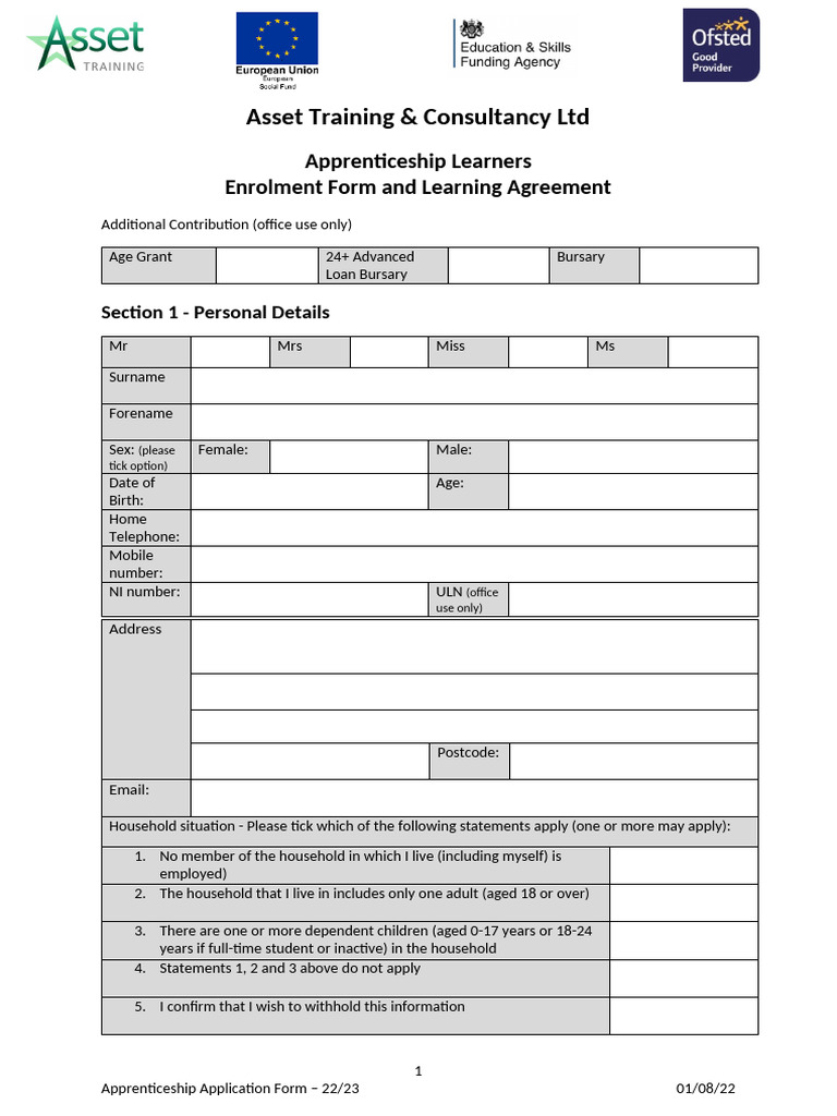 Apprenticeship Application Form 22/23 | PDF | Disability | Learning ...