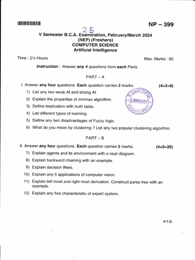 AI Exam Questions for BCA Semester V | PDF | Computer Science | Applied ...