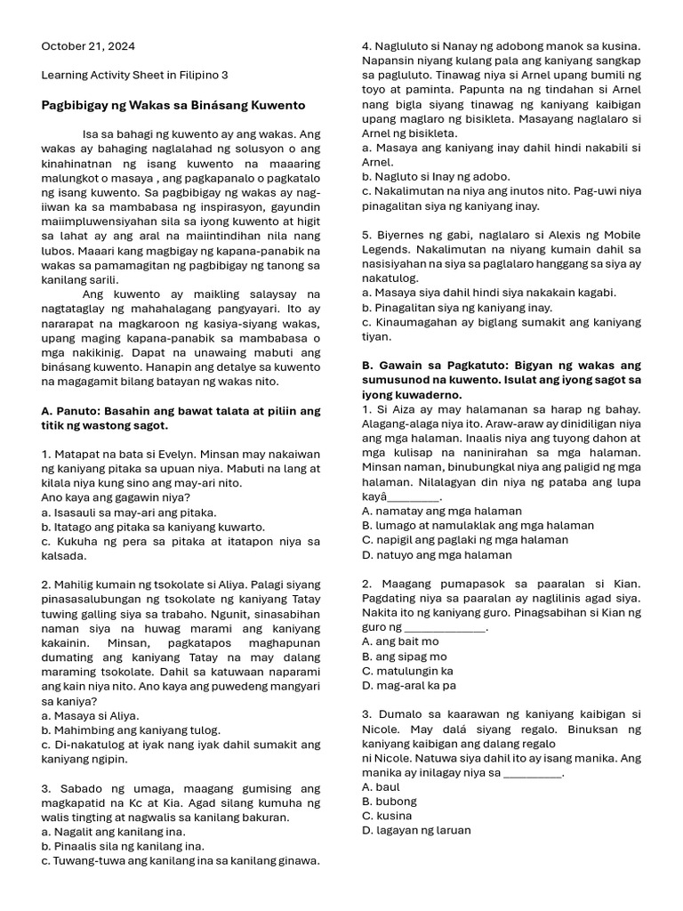October 21 LAS in Filipino | PDF