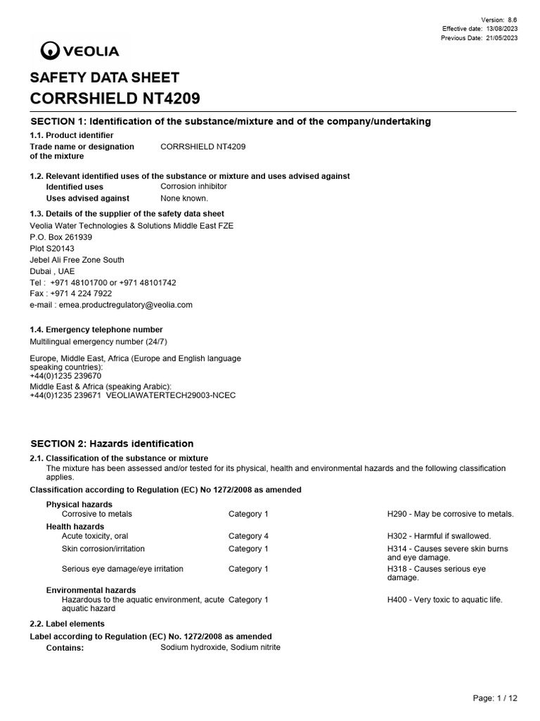 Safety Data Sheet for CORRSHIELD NT4209 | PDF | Dangerous Goods | Toxicity