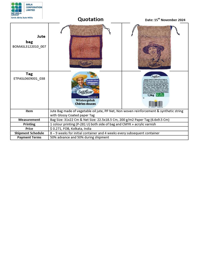 Jute Bag Quotation - FOB Kolkata Pricing | PDF | Home & Garden | Art