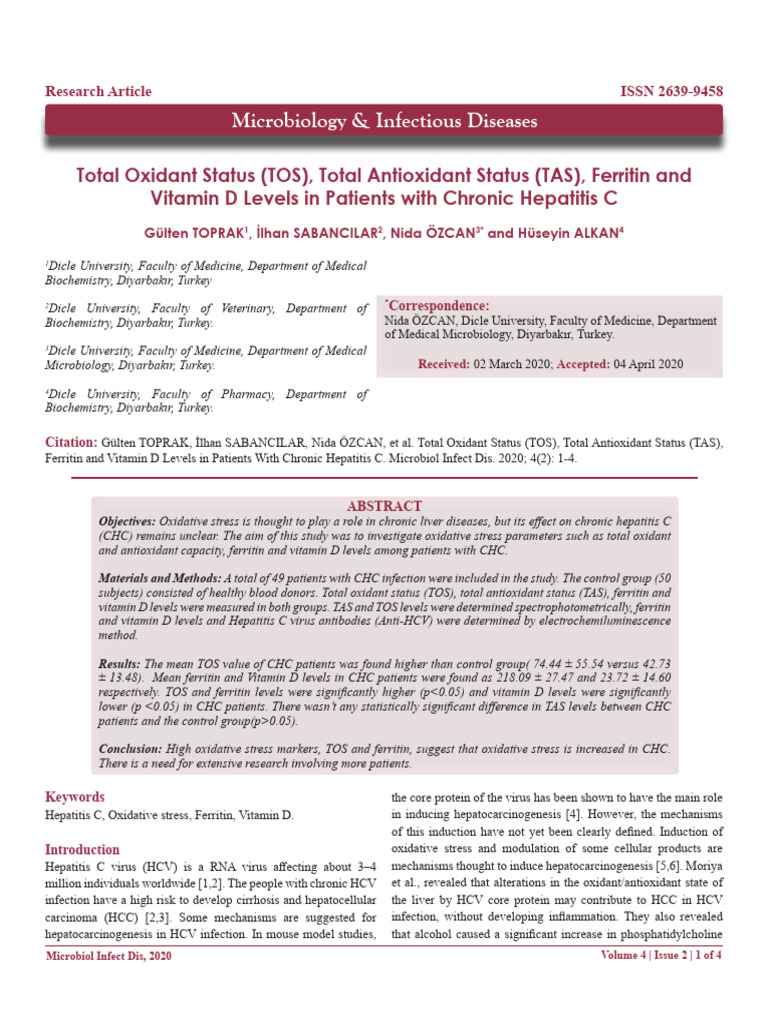 Total Oxidant Status Tos Total Antioxidant Status Tas Ferritin and ...