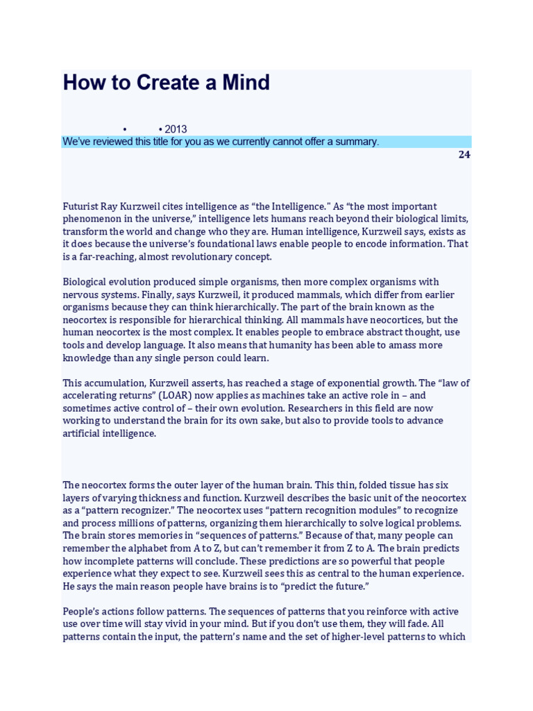 Creating a Mind: Kurzweil's Insights | PDF | Artificial Intelligence ...
