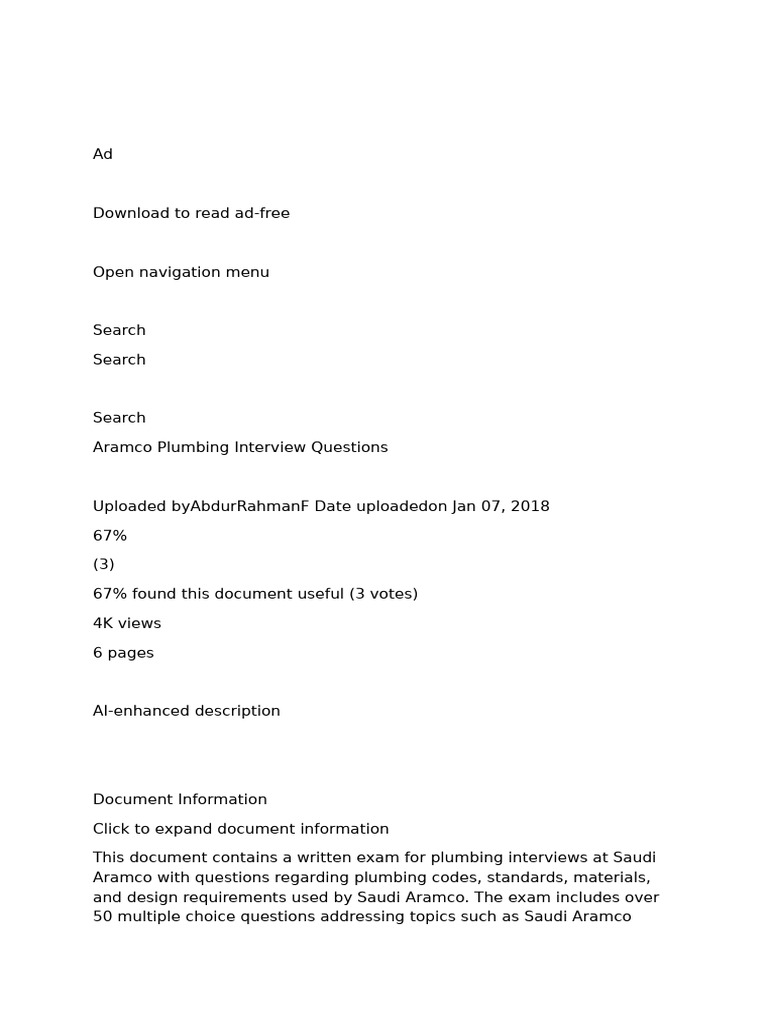 Aramco Plumbing Interview Questions Guide | PDF | Pipe (Fluid ...