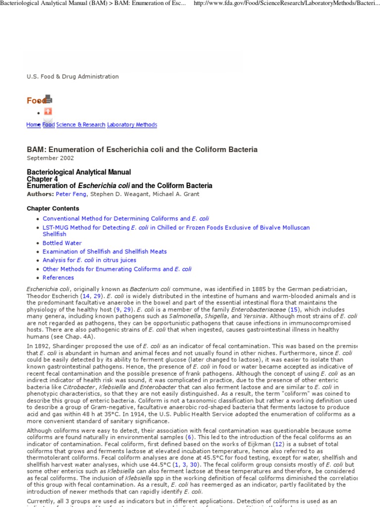 Bacteriological Analytical Manual (BAM) BAM Enumeration of Escherichia Coli and The Coliform