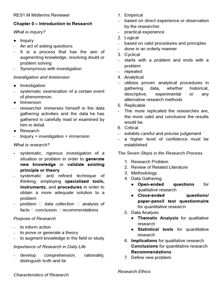 RES1 M Midterms Reviewer | PDF | Quantitative Research | Hypothesis