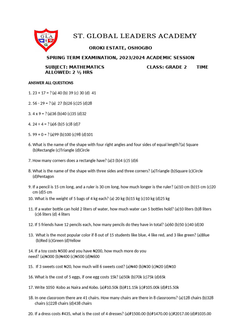 Vetted Spring Term Mathematics Examination | PDF | Geometry ...