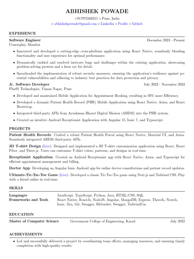Software Engineer Resume - Abhishek Powade | PDF | Mobile App | Software