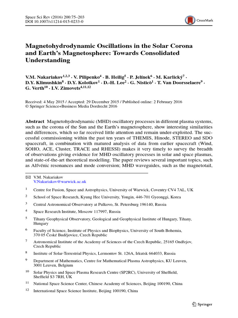 MHD Oscillations in Solar Corona and Magnetosphere | PDF ...