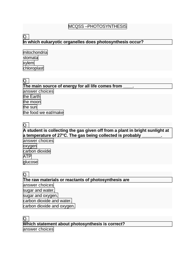 MCQS on photosynthesis | PDF | Photosynthesis | Cell (Biology)